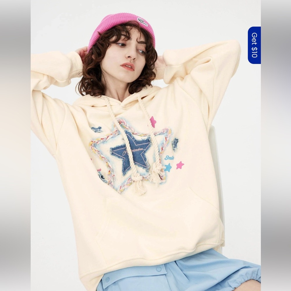 Aelfric Eden Oversized Star Hoodie XS | Cream Denim Patch Graphic